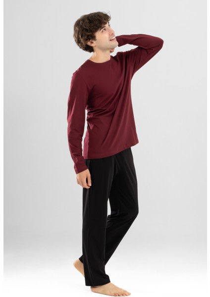 Erkek Pamuklu Bisiklet Yaka Baskılı Uzun Kollu Pijama Takımı 9802 Bordo modelleri