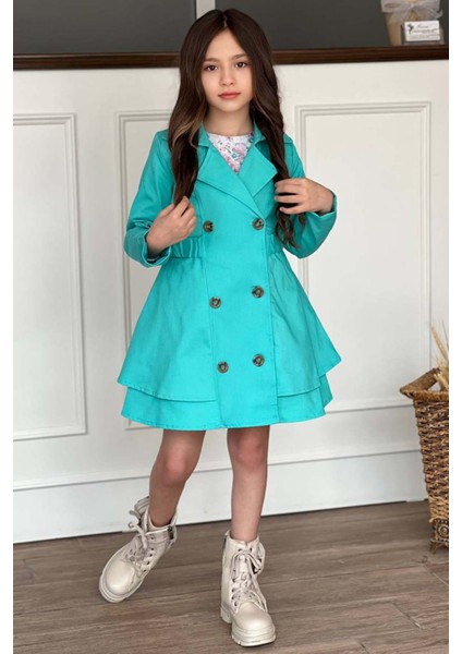 Kız Çocuk Çiçek Desenli Piliseli Turkuaz Trençkotlu Elbise