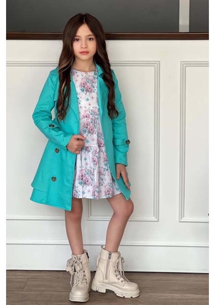 Kız Çocuk Çiçek Desenli Piliseli Turkuaz Trençkotlu Elbise fiyatları