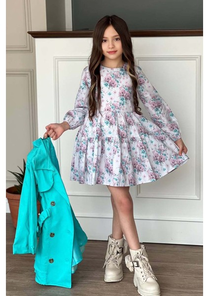 Kız Çocuk Çiçek Desenli Piliseli Turkuaz Trençkotlu Elbise modelleri