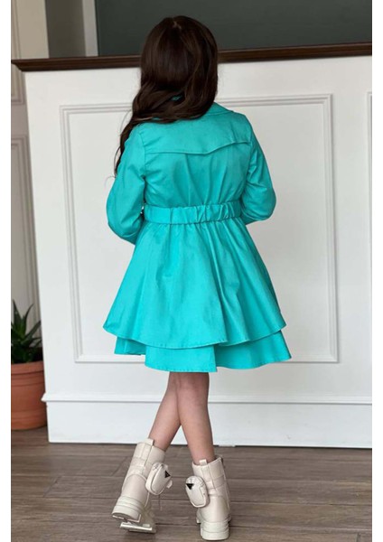 Kız Çocuk Çiçek Desenli Piliseli Turkuaz Trençkotlu Elbise fırsatları