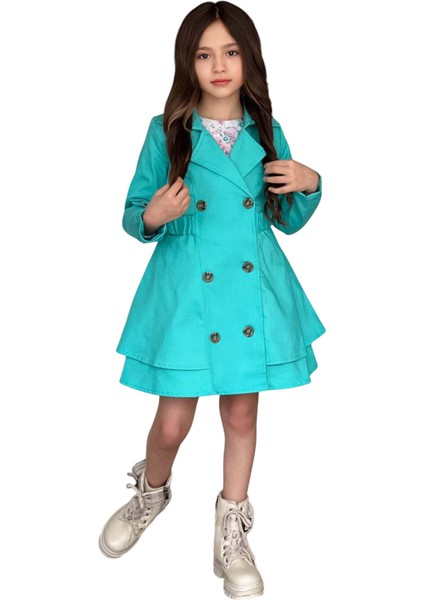 Kız Çocuk Çiçek Desenli Piliseli Turkuaz Trençkotlu Elbise indirimleri