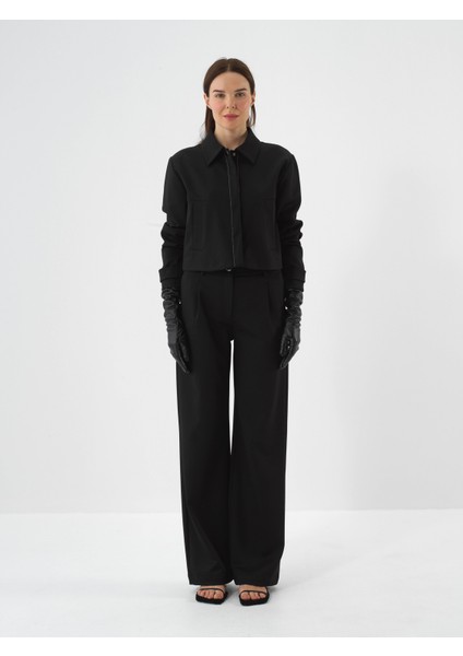 Kadın Siyah Esnek Dokulu Oversize Pantolon