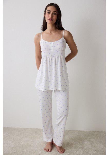 Lana Printed Pantolon Kırık Beyaz Pijama Takımı