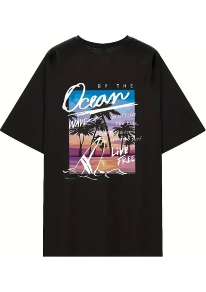 Kadınlar Için Geniş Kesim Tişört - Kısa Kollu, Bol Kesim, Manzaralı Okyanus Baskı, Günlük Yazlık Üst, Siyah- Siyah indirimleri