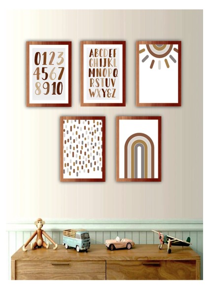 5 Adet Modern Çocuk Odası Çerçeve Görünümlü Mdf Tablo Set
