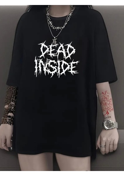 Baskılı Oversize Bisiklet Yaka T-Shirt - Siyah