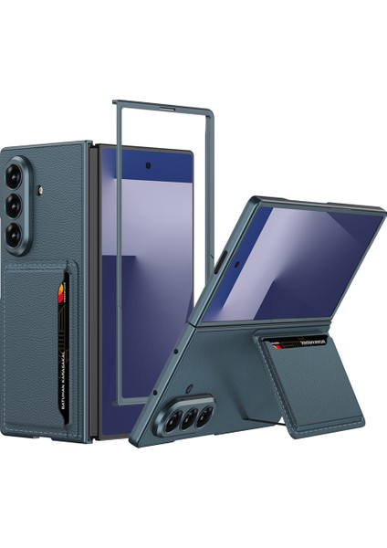 Samsung Galaxy Z Fold 7 Kılıf Suni Deri Arka Yüzey Kartlıklı Standlı Kıpta Silikon Kapak