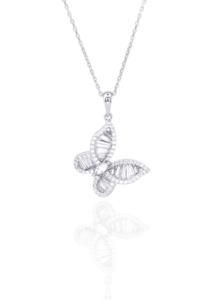 925 Ayar Gümüş Beyaz Baget Zirkon Taşlı Kelebek Kadın Gümüş Kolye