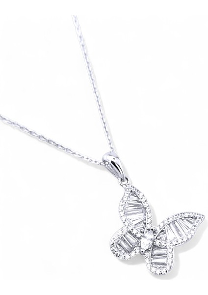 925 Ayar Gümüş Beyaz Baget Zirkon Taşlı Kelebek Kadın Gümüş Kolye modelleri
