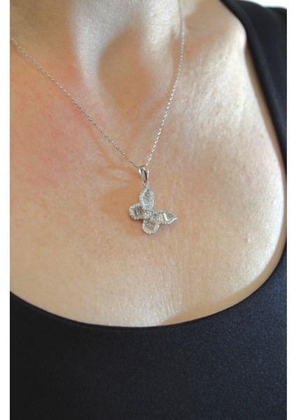 925 Ayar Gümüş Beyaz Baget Zirkon Taşlı Kelebek Kadın Gümüş Kolye fırsatları