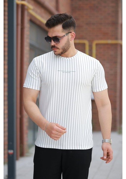Erkek Dikey Çizgili Ottoman Kumaş Kısa Kollu T-Shirt