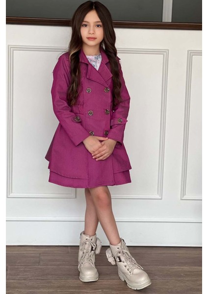 Kız Çocuk Çiçek Desenli Piliseli Mor Trençkotlu Elbise