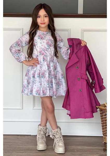 Kız Çocuk Çiçek Desenli Piliseli Mor Trençkotlu Elbise fiyatları