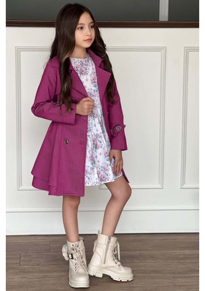 Kız Çocuk Çiçek Desenli Piliseli Mor Trençkotlu Elbise modelleri