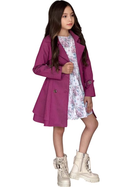 Kız Çocuk Çiçek Desenli Piliseli Mor Trençkotlu Elbise indirimleri