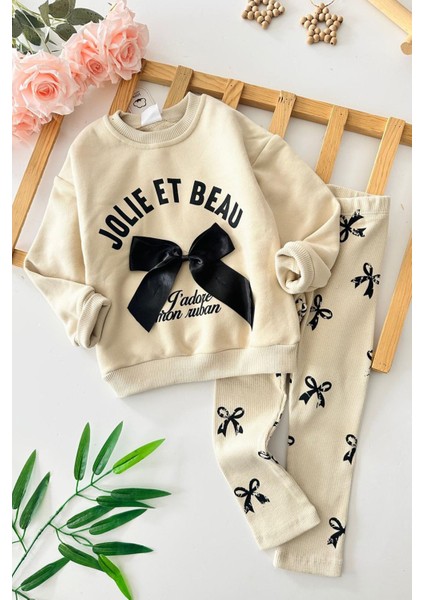 Kurdela Fiyonk Detaylı Kız Çocuk Taytlı takım - Bej