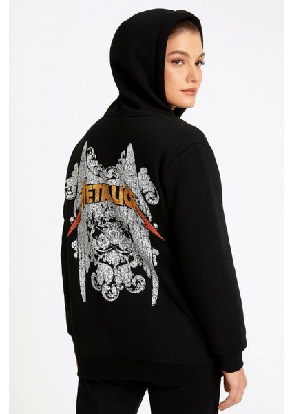 Metallica Iki Iplik Kapüşonlu Ön ve Arka Baskılı Hoodie - Siyah modelleri
