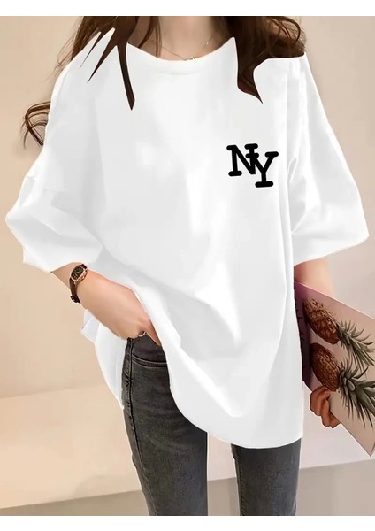 Baskılı Oversize Bisiklet Yaka T-Shirt - Beyaz fırsatları