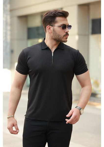 Erkek Deri Panel Detaylı Fermuar Yakalı Kısa Kollu Tişört