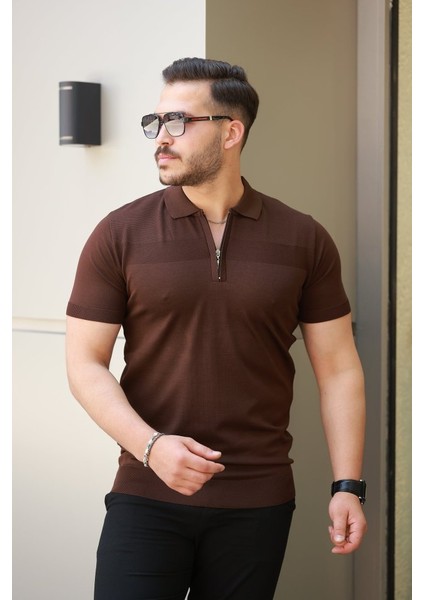 Erkek Göğüs Pirinç Desenli Fermuar Yakalı Kısa Kollu Tişört fiyatları