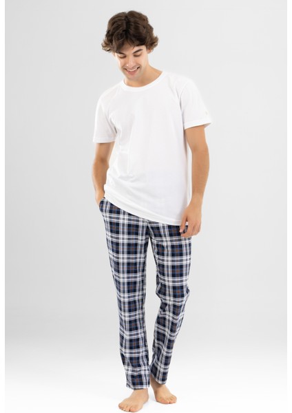 Erkek Pamuklu Bisiklet Yaka Baskılı Kısa Kollu Ekoseli Pijama Takımı 9800 Beyaz