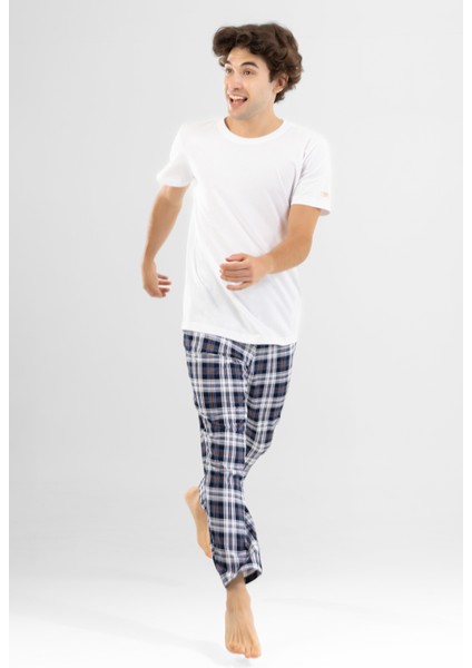 Erkek Pamuklu Bisiklet Yaka Baskılı Kısa Kollu Ekoseli Pijama Takımı 9800 Beyaz fiyatları