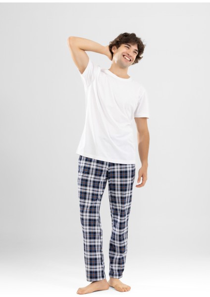 Erkek Pamuklu Bisiklet Yaka Baskılı Kısa Kollu Ekoseli Pijama Takımı 9800 Beyaz modelleri