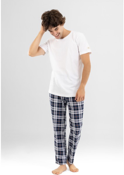 Erkek Pamuklu Bisiklet Yaka Baskılı Kısa Kollu Ekoseli Pijama Takımı 9800 Beyaz fırsatları