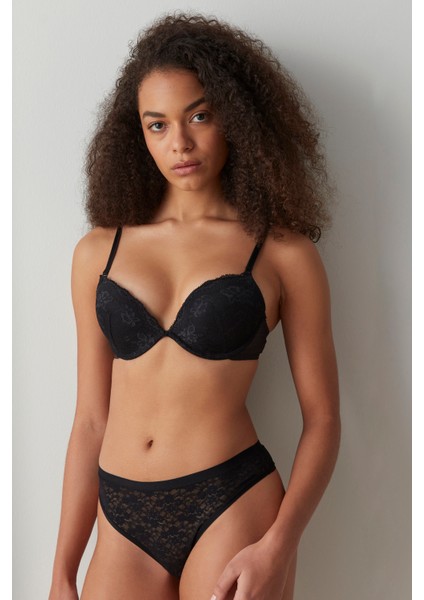 Siyah Wowbra Dantel Detaylı Destekli Push Up Sütyen