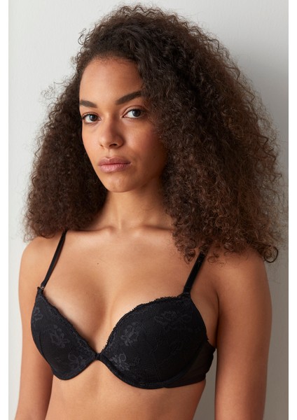 Siyah Wowbra Dantel Detaylı Destekli Push Up Sütyen