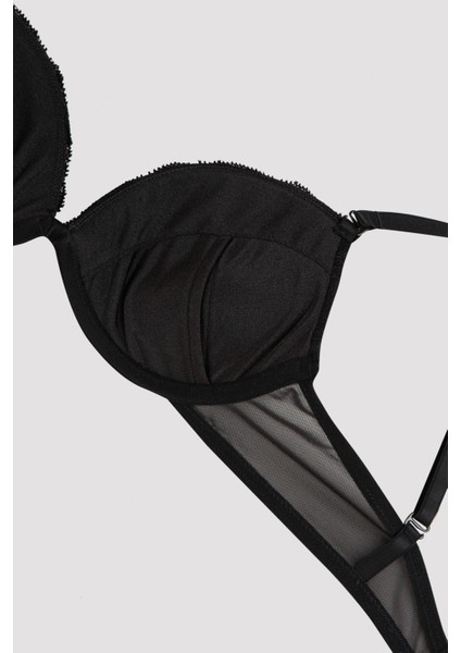 Siyah Wowbra Dantel Detaylı Destekli Push Up Sütyen