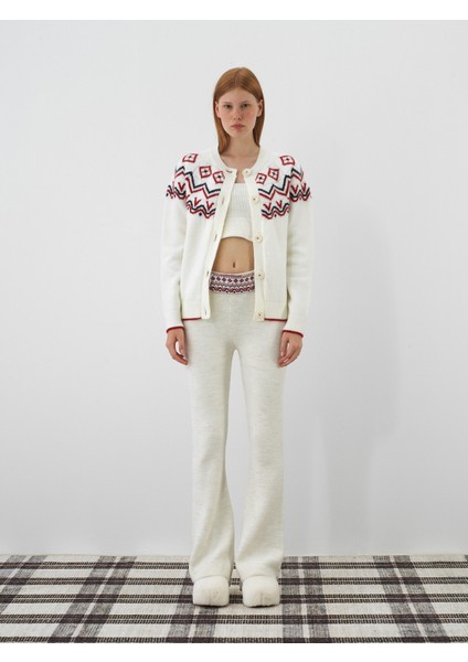 Kadın Ekru Doğal Yün Dokulu Regular Fit Pantolon