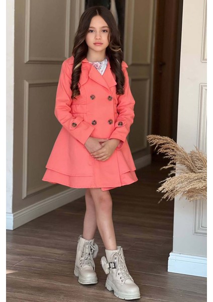 Kız Çocuk Çiçek Desenli Piliseli Yavru Ağzı Trençkotlu Elbise