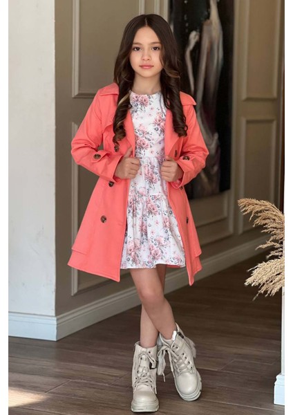 Kız Çocuk Çiçek Desenli Piliseli Yavru Ağzı Trençkotlu Elbise fiyatları