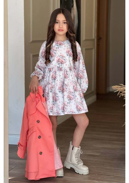 Kız Çocuk Çiçek Desenli Piliseli Yavru Ağzı Trençkotlu Elbise modelleri