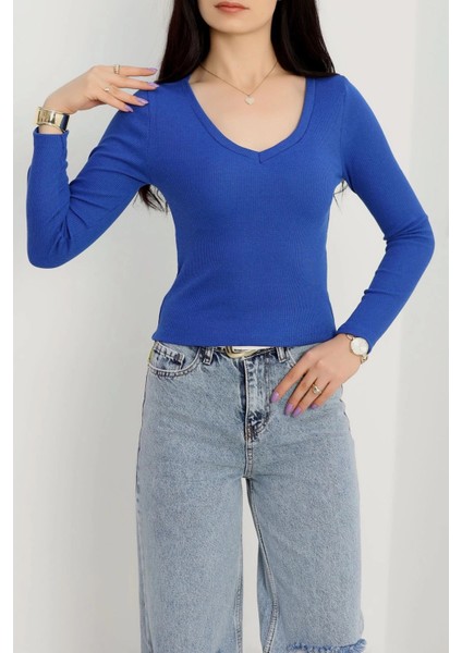 V Yaka Kaşkorse Bluz Saks Mavisi A3699