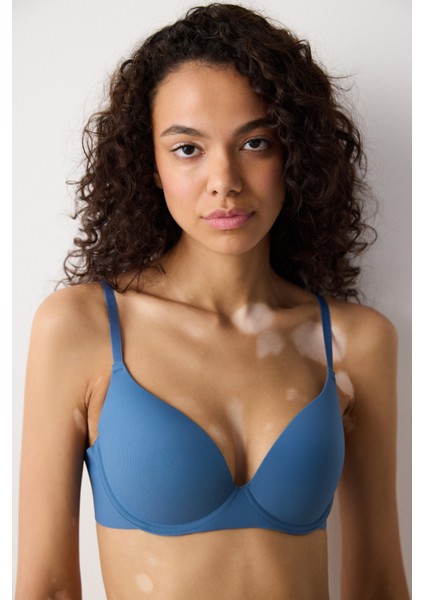 Liny Ribbed Balenli Koyu Mavi Sütyen