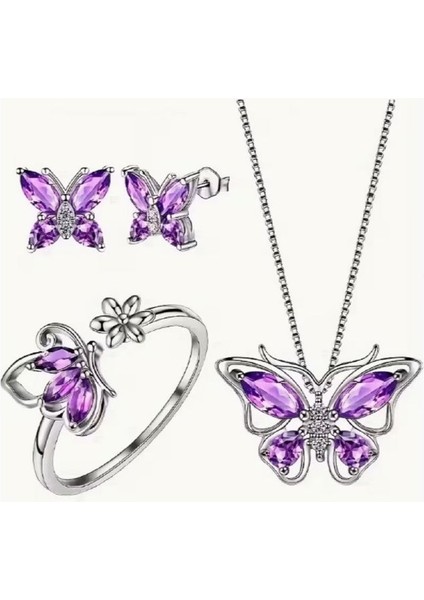 Set Günlük Giyim & Iş Yeri Purple Butterfly Zincirli Kolye & Yüzük & Küpe Seti
