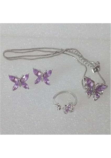 Set Günlük Giyim & Iş Yeri Purple Butterfly Zincirli Kolye & Yüzük & Küpe Seti modelleri