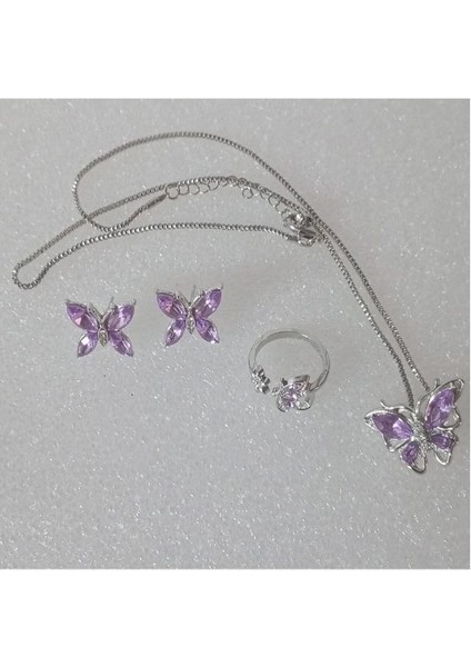Set Günlük Giyim & Iş Yeri Purple Butterfly Zincirli Kolye & Yüzük & Küpe Seti indirimleri