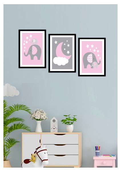 3 Parça Çocuk Odası Dekor Çerçeve Görünümlü Mdf Tablo Set