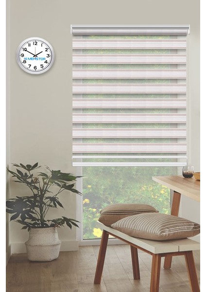 Geniş Simli Pileli Pudra ( Pembe )& Beyaz Zebra Perde