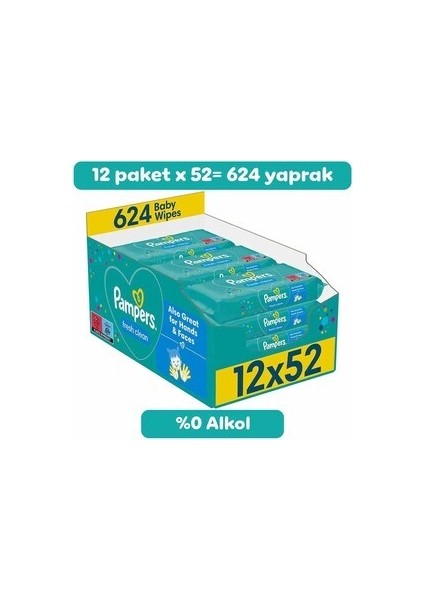 Pampers Baby Islak Havlu Fresh Clean 624 Yaprak 12 Paket Hassas Temizlik İçin fiyatları