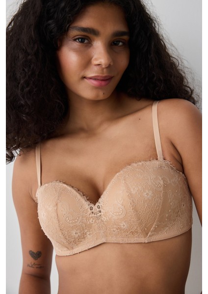 Push Up Lace Dantel Bej Straplez Sütyen