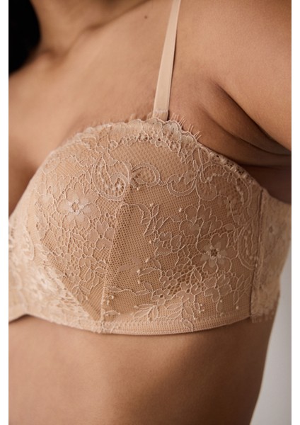 Push Up Lace Dantel Bej Straplez Sütyen
