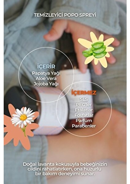 Temizleyici ve Yatıştırıcı Popo Spreyi Papatya ve Aloe Vera İçerikli 150 ml