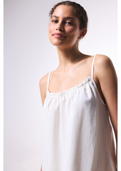 Beyaz Natural Keten Kare Yaka Uzun Elbise