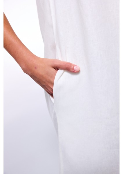 Beyaz Natural Keten Kare Yaka Uzun Elbise