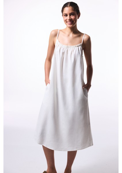 Beyaz Natural Keten Kare Yaka Uzun Elbise
